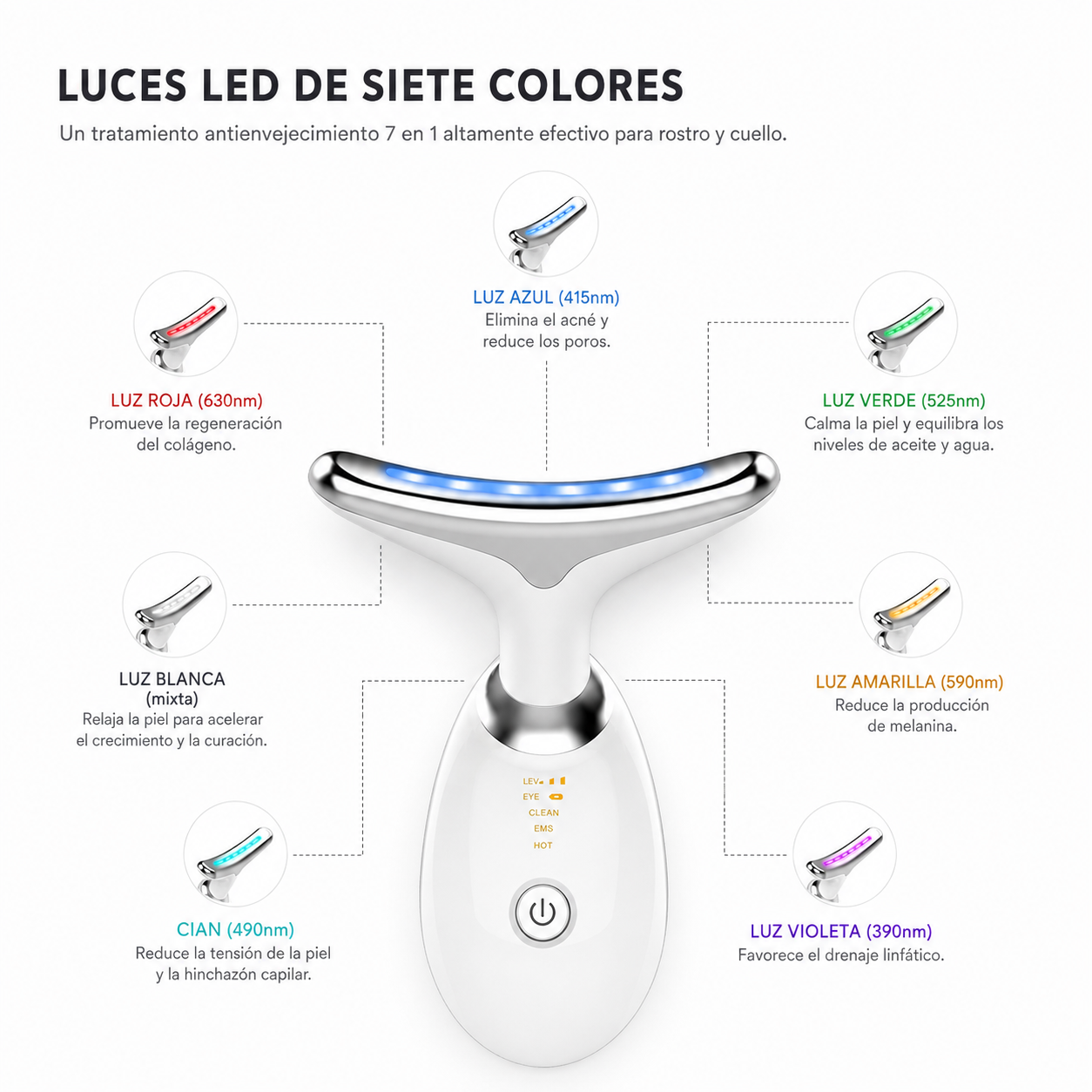 Masajeador Facial y de Cuello con LED 7 Colores | EMS, Microcorriente y Fototerapia