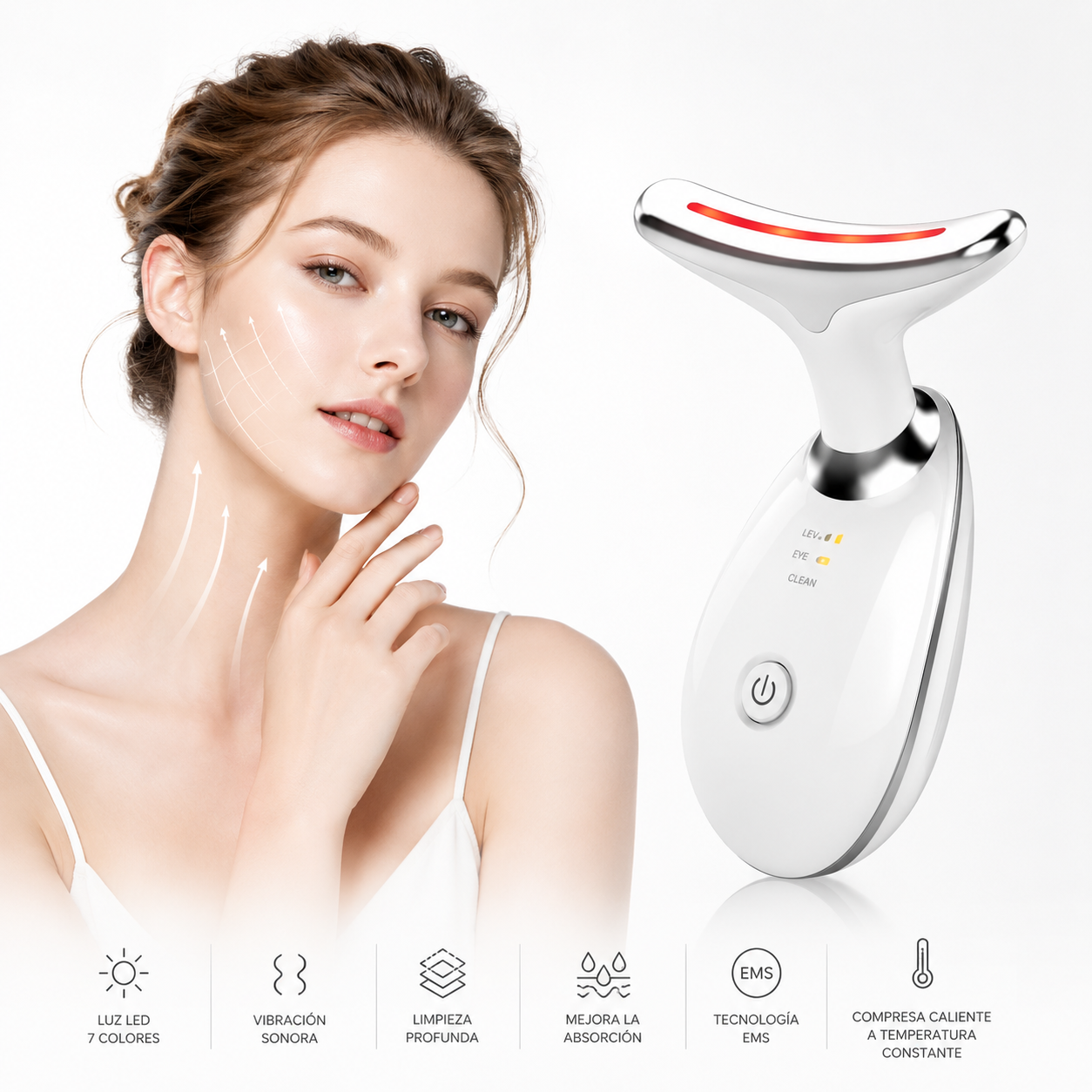 Masajeador Facial y de Cuello con LED 7 Colores | EMS, Microcorriente y Fototerapia