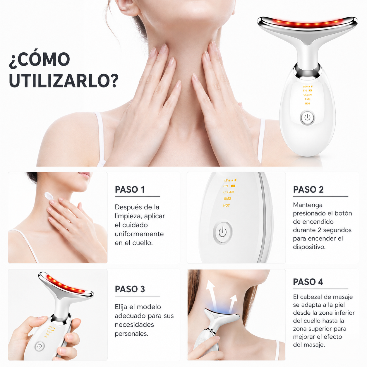 Masajeador Facial y de Cuello con LED 7 Colores | EMS, Microcorriente y Fototerapia